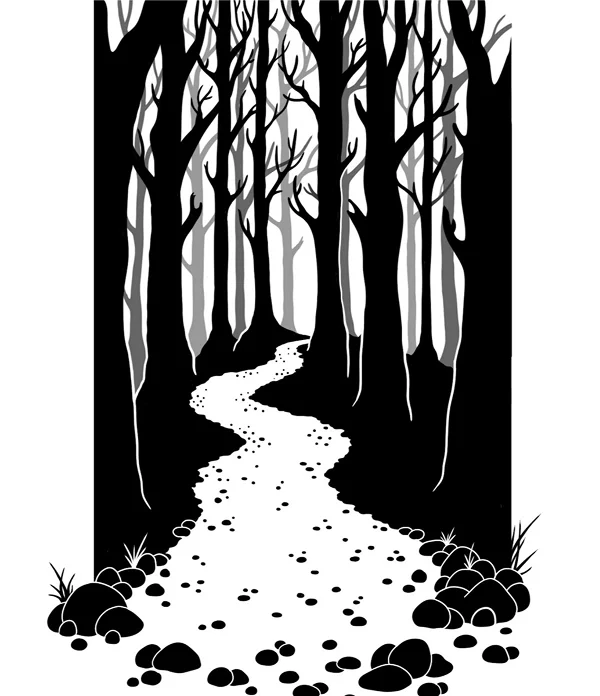 Black and white illustration of a forest path