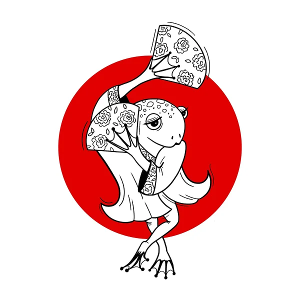 Illustration of a frog dancing with a fan
