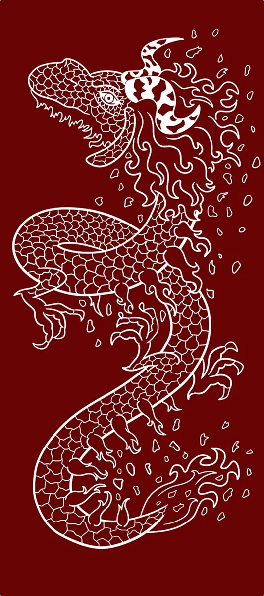 Red and white illustration of a dragon