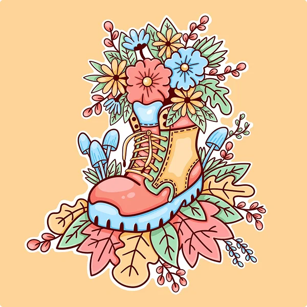 Colorful illustration of flowers in a hiking boot