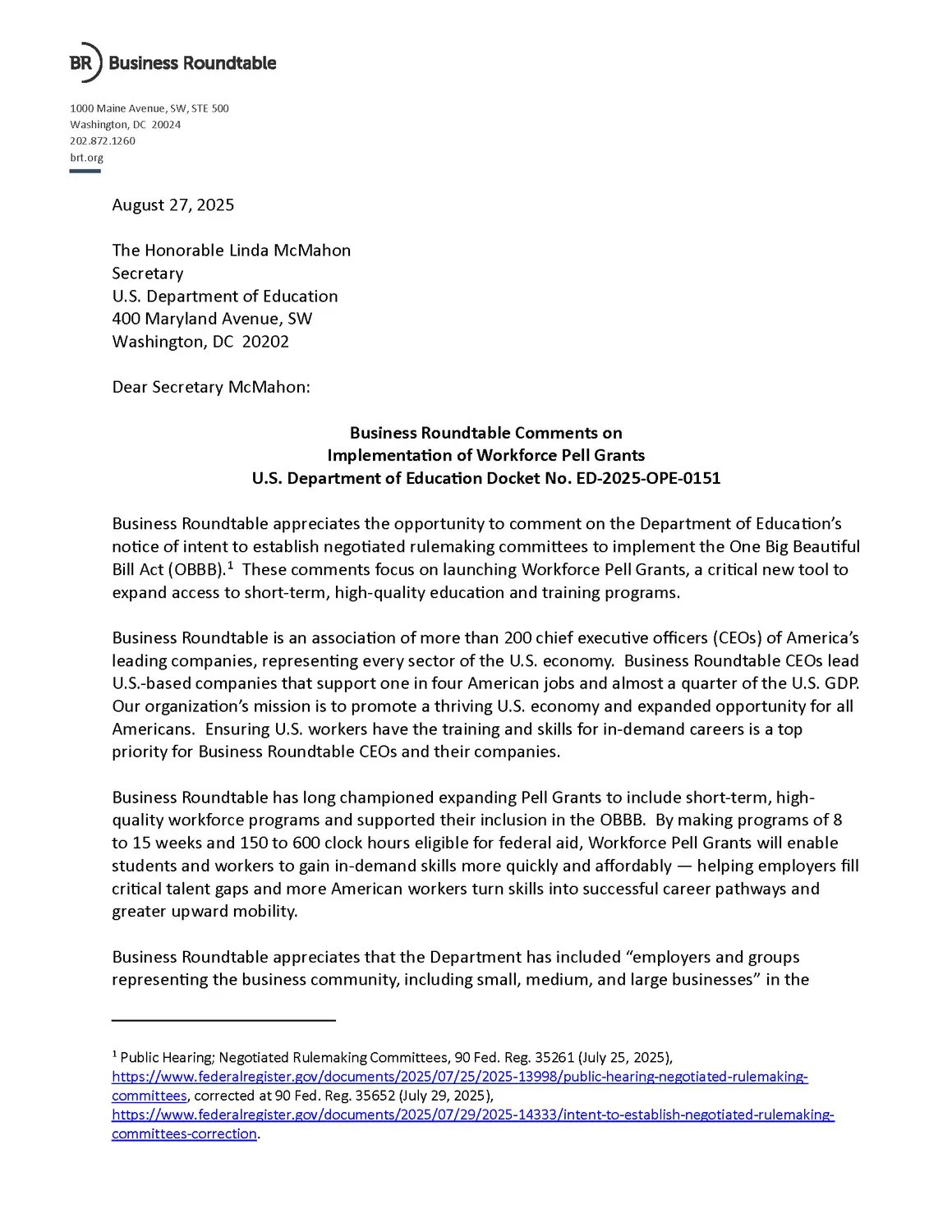 Business Roundtable Comments on the Implementation of Workforce Pell Grants