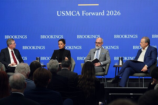 Photo: Fussell speaks during a panel discussion with Juan Cortina Gallardo, Vice President of Mexico’s Business Coordinating Council, and Matthew Holmes, Executive Vice President, International and Chief of Public Policy at the Canadian Chamber of Commerce, moderated by Christopher Sands, Visiting Fellow, Global Economy and Development at Brookings.