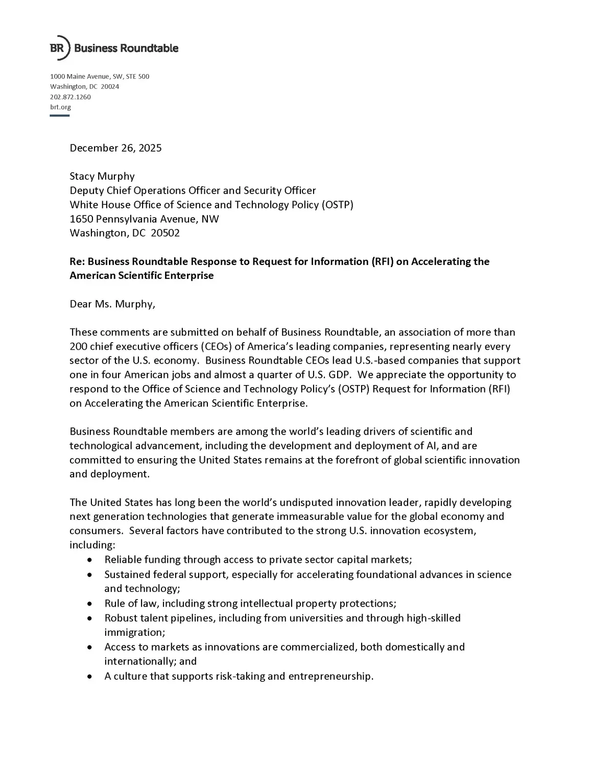 Business Roundtable Response to the Request for Information on Accelerating the American Scientific Enterprise