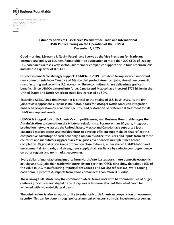 Testimony of Nasim Fussell, Vice President for Trade and International at the USTR Public Hearing on the Operation of the USMCA