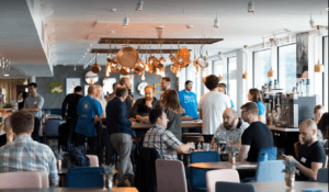 A lounge area with people having conversations