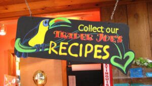 A sign at Trader Joes offering a collection of their recipes