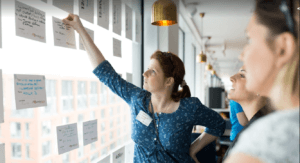 People placing notecards on a wall to build the day's agenda at ProductCamp