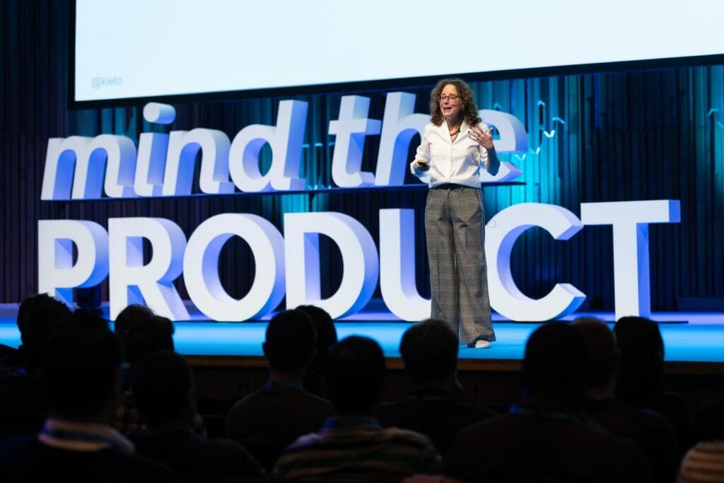 Kate Leto talking at Mind the Product