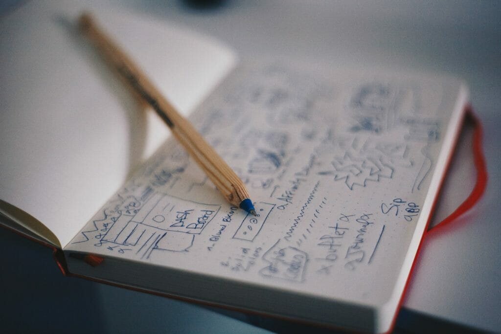 Product design ideas sketched into a notebook - Photo by Med Badr Chemmaoui on Unsplash