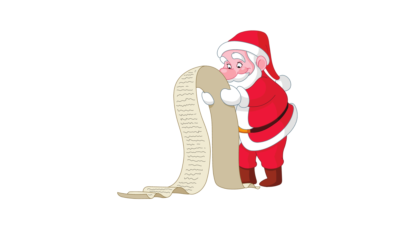 A cartoon of a santa claus holding a long list Description automatically generated