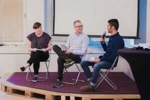 Annie Thorell, Product Manager and Founder of Faces of Tech, Ola Möller, Designer and Founder of MethodKit, and Meni Morim, Product Manager at Klarna on stage at the first ever ProductTank Sthlm event at SUP46.