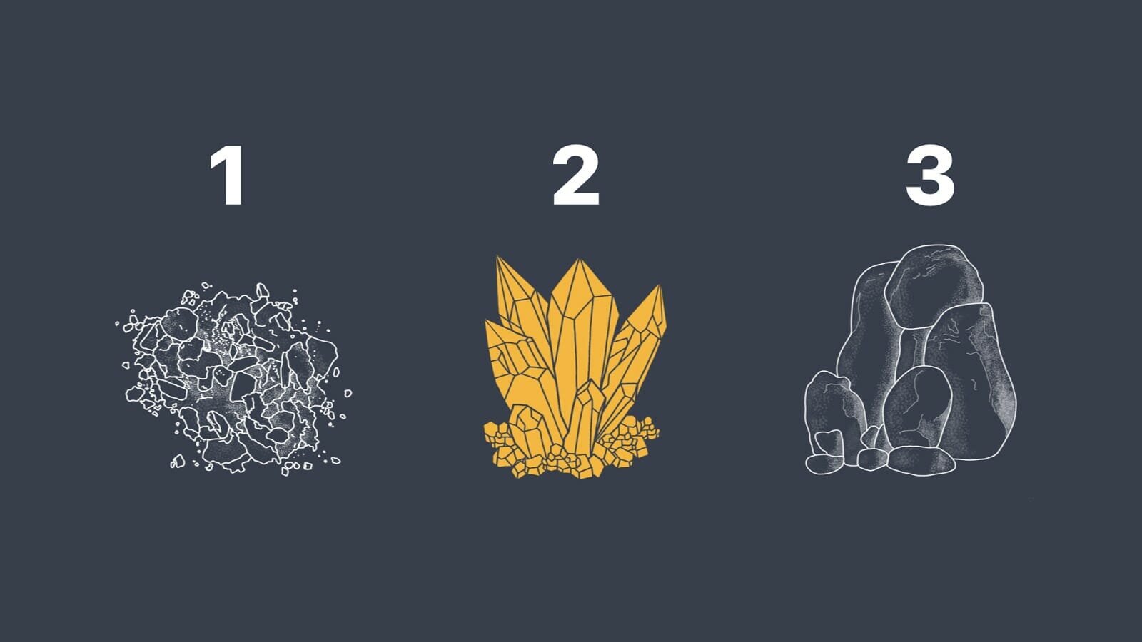 Illustrations of powder, crystals, and boulders