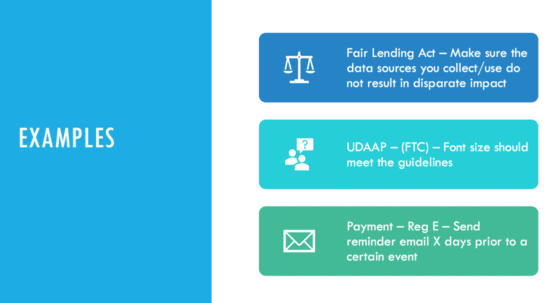 Examples of financial legal compliance requirements