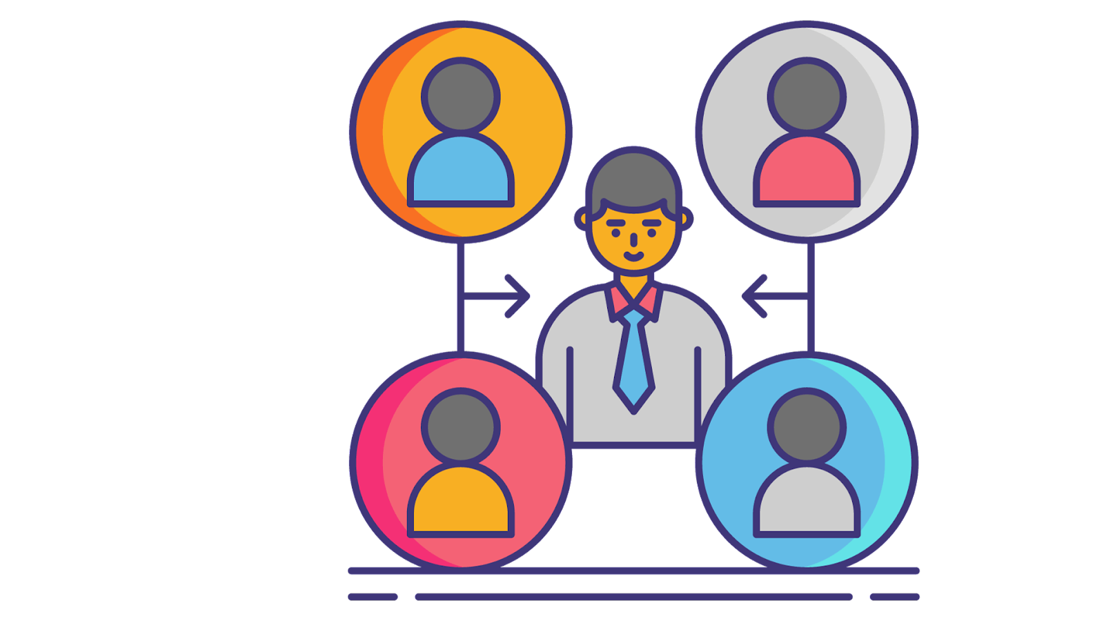 A person with a tie and circles with people around it Description automatically generated with medium confidence