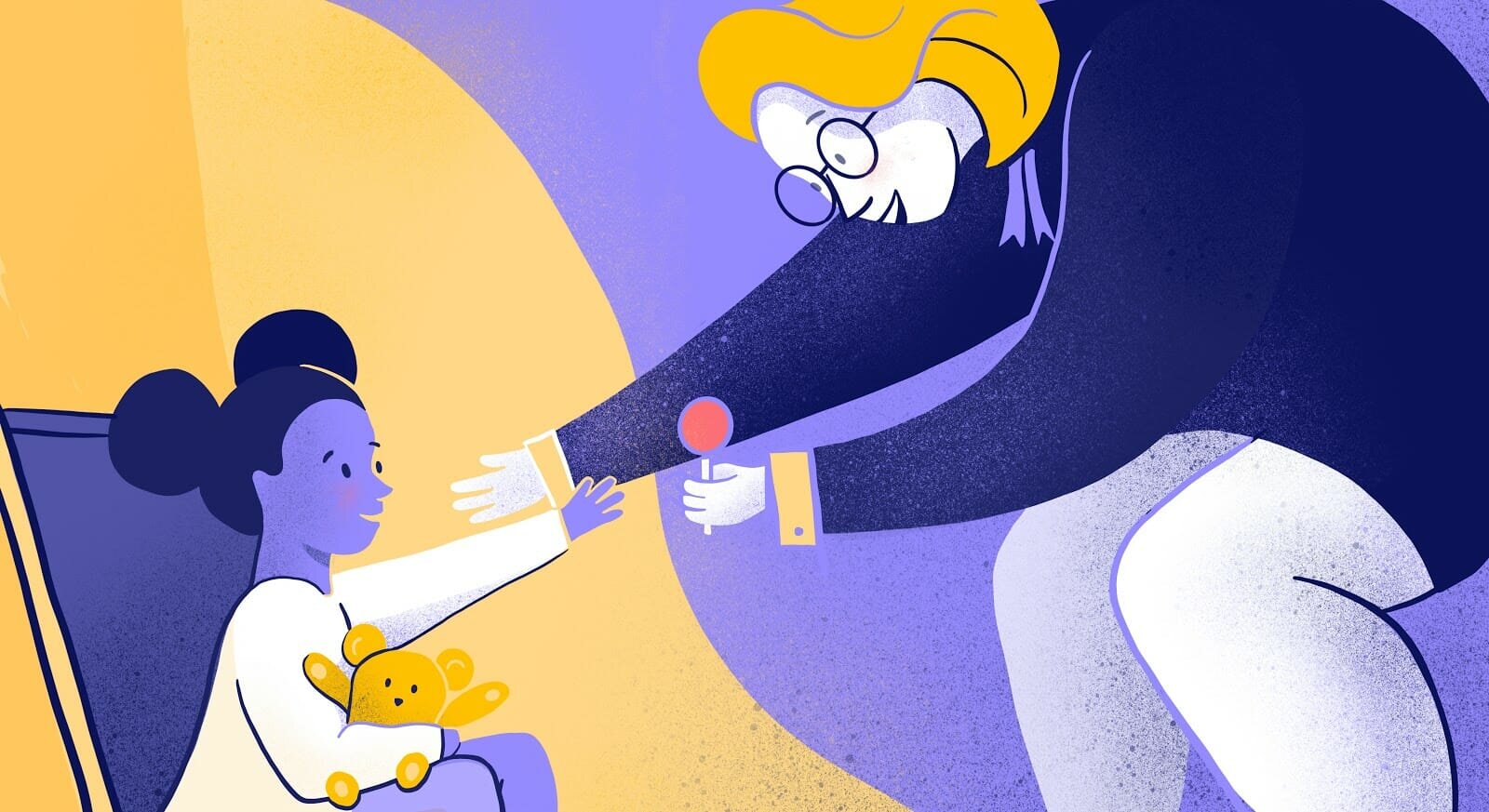An illustration of an adult giving candy to a smiling child