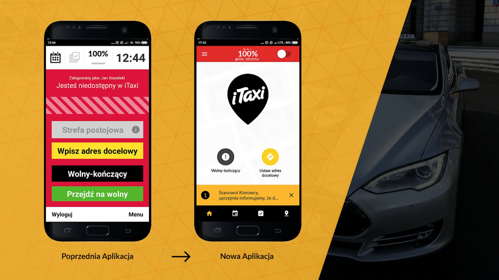 Old and new versions of the iTaxi app screens