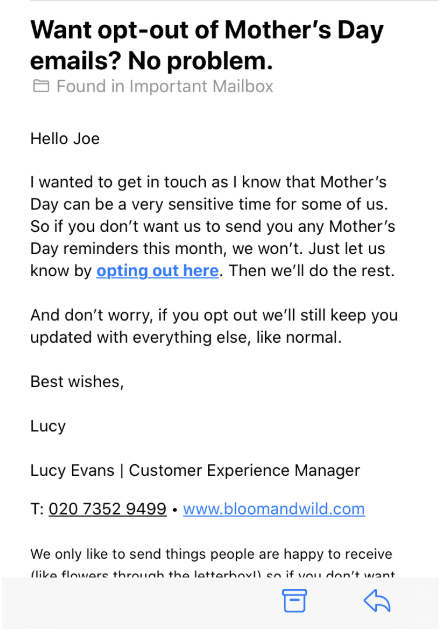 Bloom & Wild opt out service