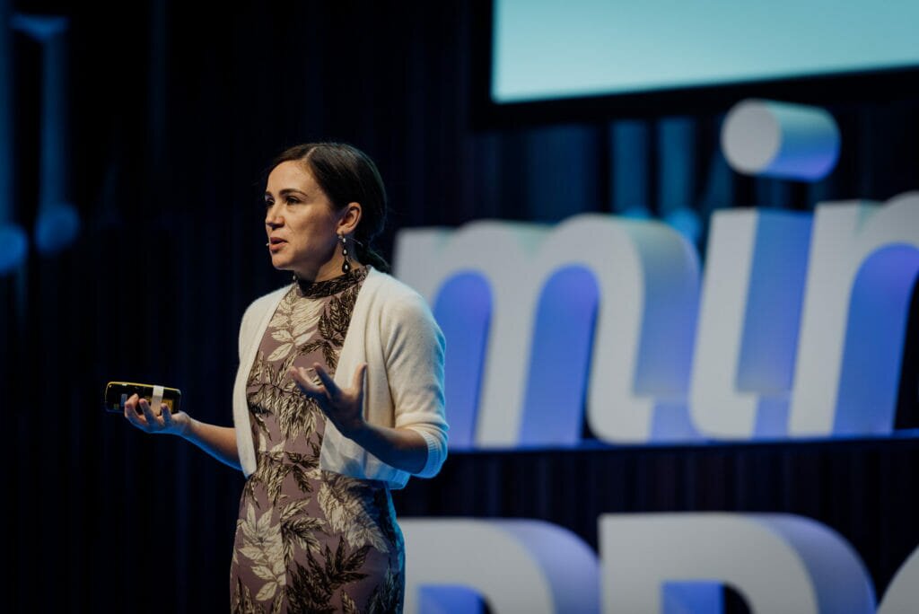 Lindsey Jayne speaking at Mind the Product London conference