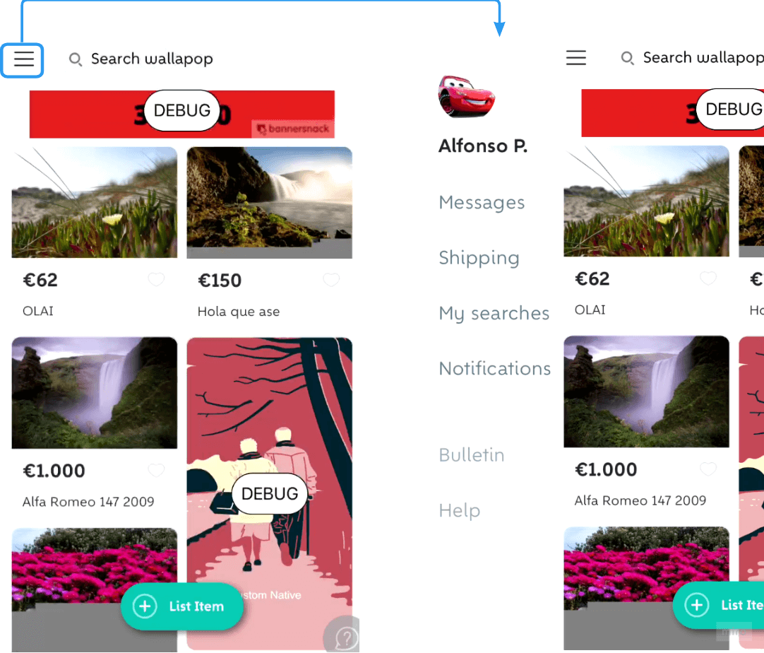 Fig. 1 Wallapop’s side-bar component in the original main navigation