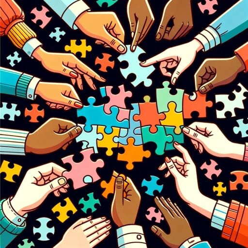 A group of hands holding a puzzle Description automatically generated