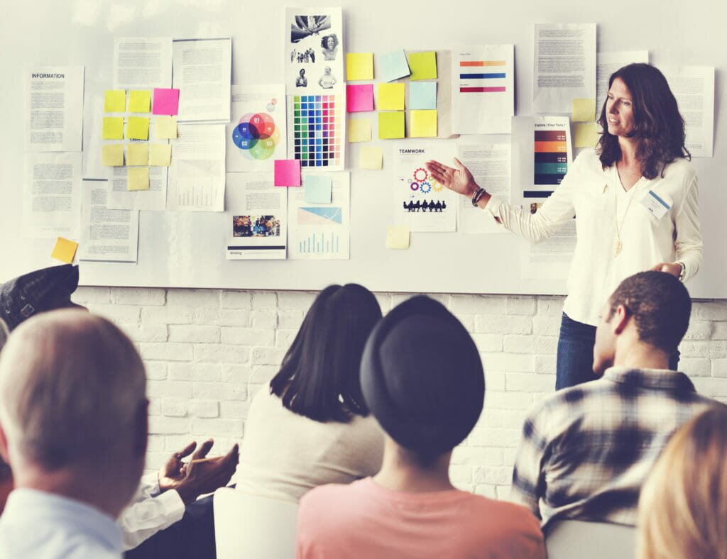 Woman presenting research ideas on a board to a group