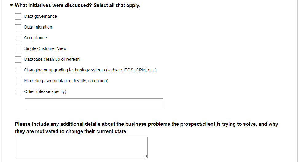 example of a survey asking for basic information about a market interaction