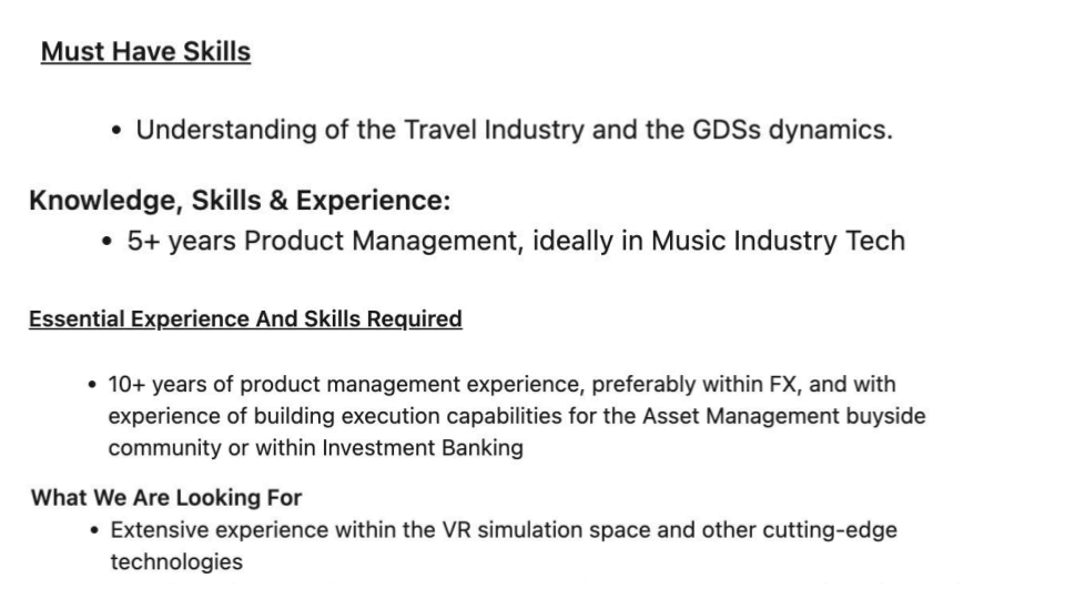 A sample of job listings that have industry experience as a requirement