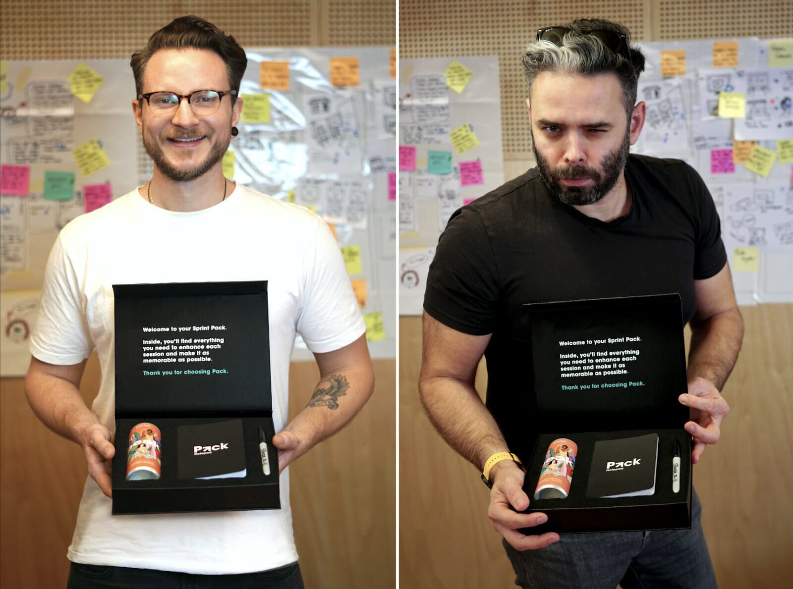 Demonstrating some of the glossy proof-of-concept packaging