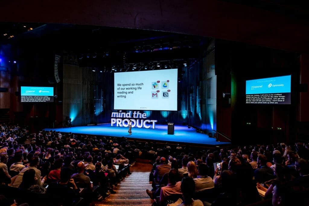 Lindsey Jayne speaking at Mind the Product London