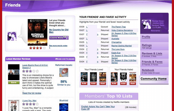 A screenshot of Netflix's friends page