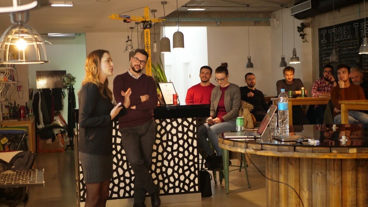 Andrea introducing Tonći Jajić from Typeqast at ProductTank held at WIP