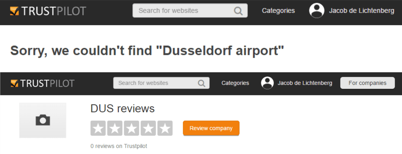 A search for the phrase Dusseldorf Airport that has come up empty