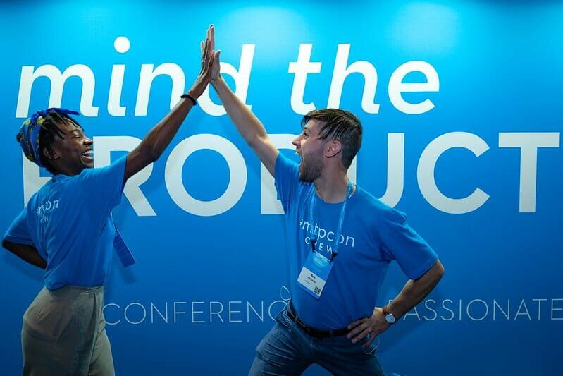 Volunteers having fun at Mind the Product London 2019