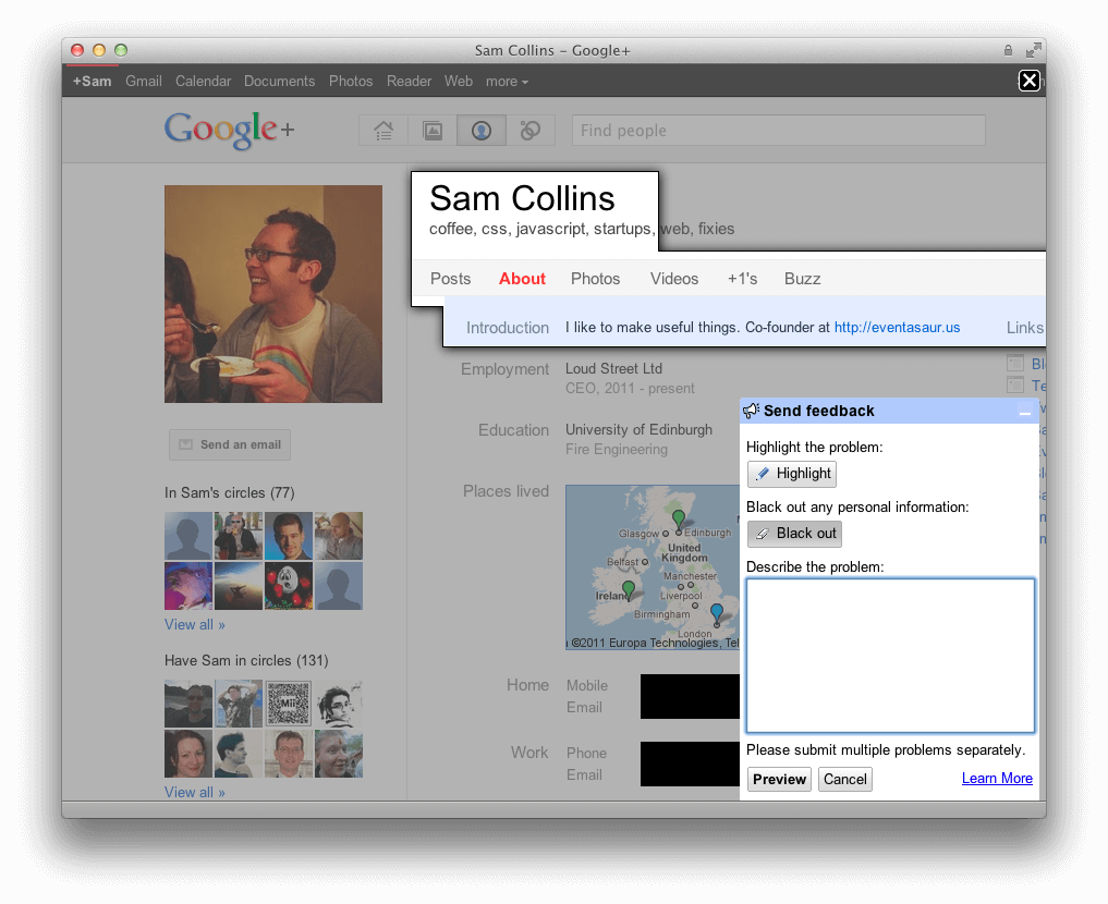 Google+ Feedback Mechanism Screenshot