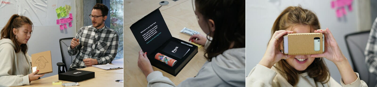 The unboxing experience of the prototype immersive design sprint kit.