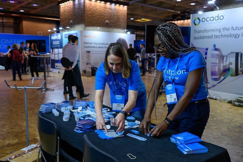 Regular volunteers Keji and Hilary look after the Mind the Product info stand