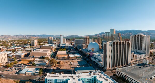 Panoramic aerial view of the city of Reno cityscape in Nevada