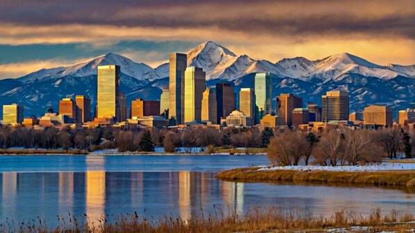 Colorado Day Skyline of Denver downtown with Rocky Mountains City skyline of Denver Colorado