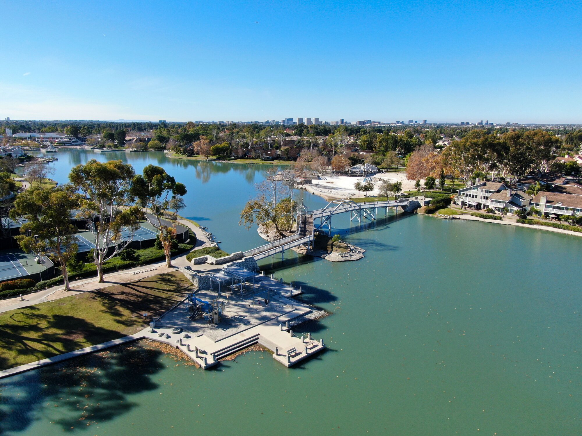 Aerial view of North Lake with residential neighborhood in Irvine Orange County California USA