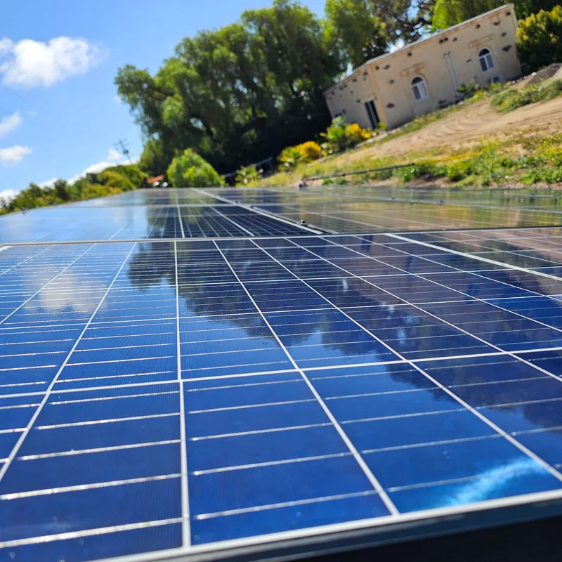 Freshly cleaned solar panels viewed across a rooftop