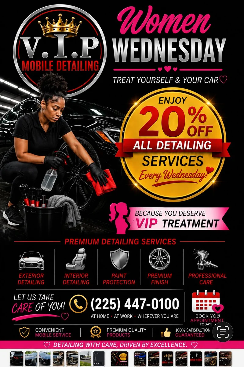 Women Wednesday promotional flyer — 20% off all detailing services every Wednesday