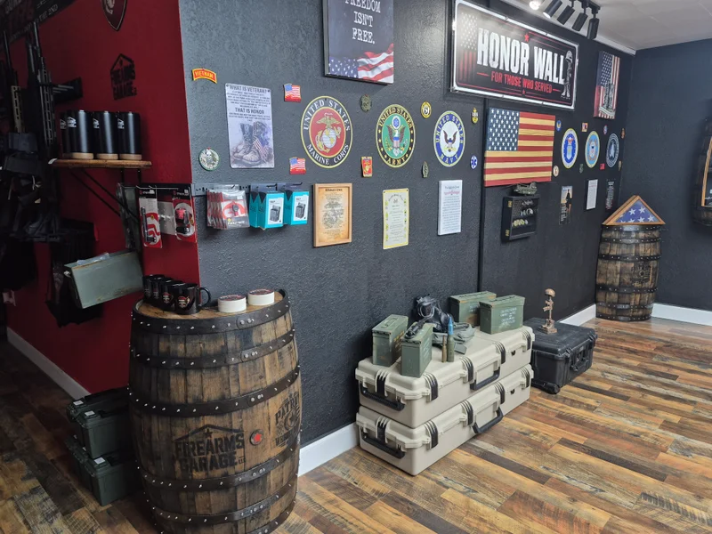 Firearms Garage shop interior with veteran service displays