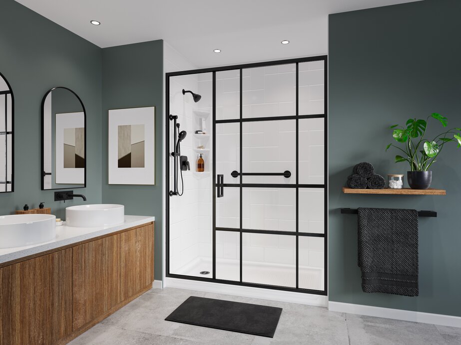 Tub to Shower conversion with black doors in modern bathroom