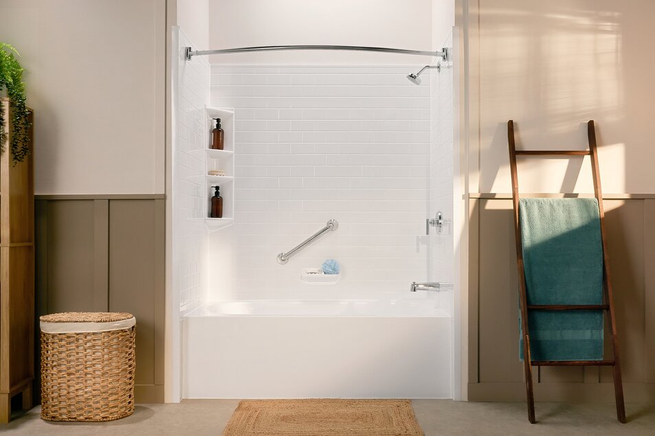 bathtub remodel with shelf in clean bathroom