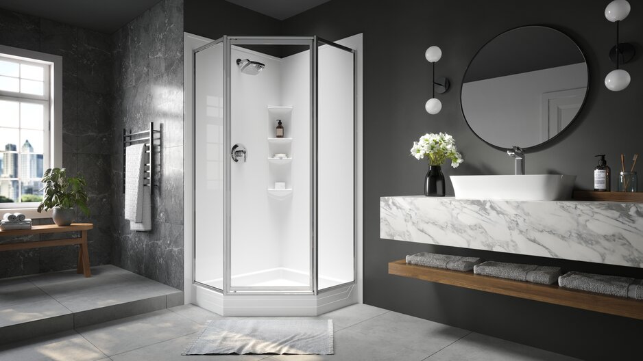 neoangle shower with shower door in modern bathroom 