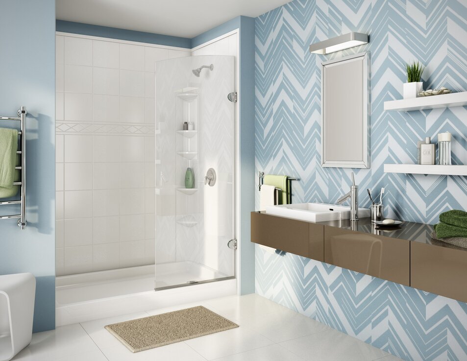 Tub to Shower conversion with black doors in modern bathroom