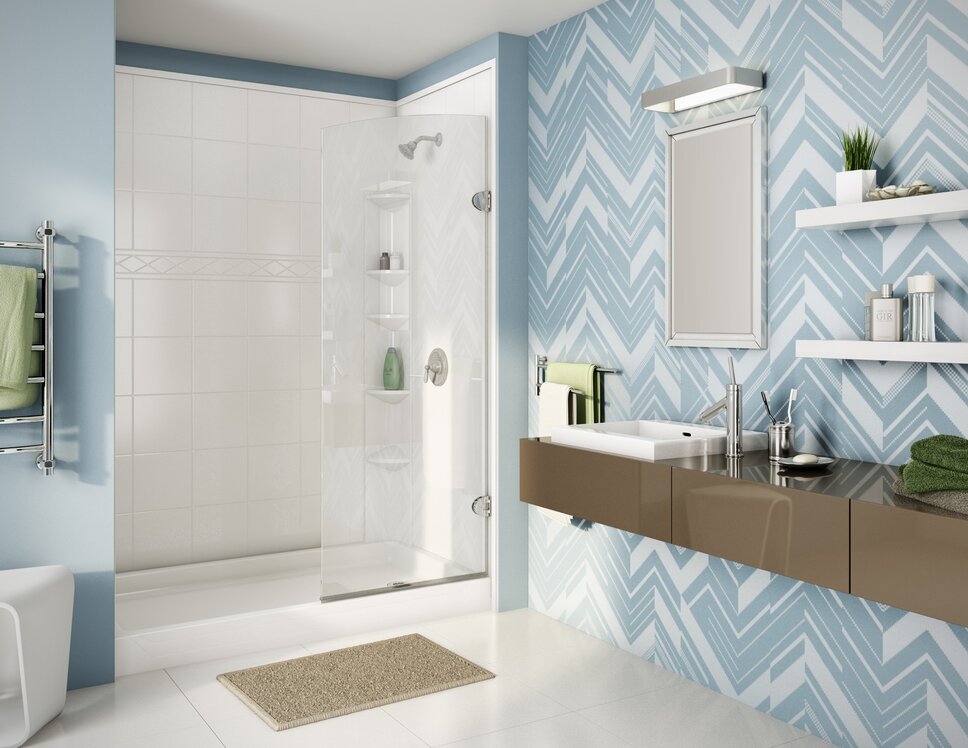 Tub to Shower conversion with black doors in modern bathroom