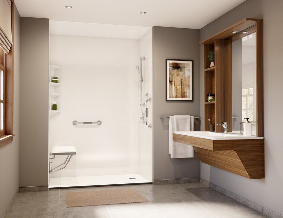 Safety easy access walk in shower with safety accessories in modern bathroom 