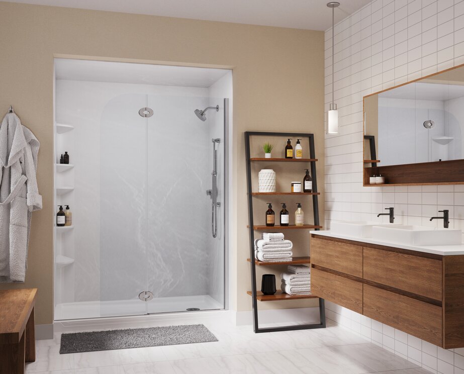 Easy access shower white marble contemporary bathroom
