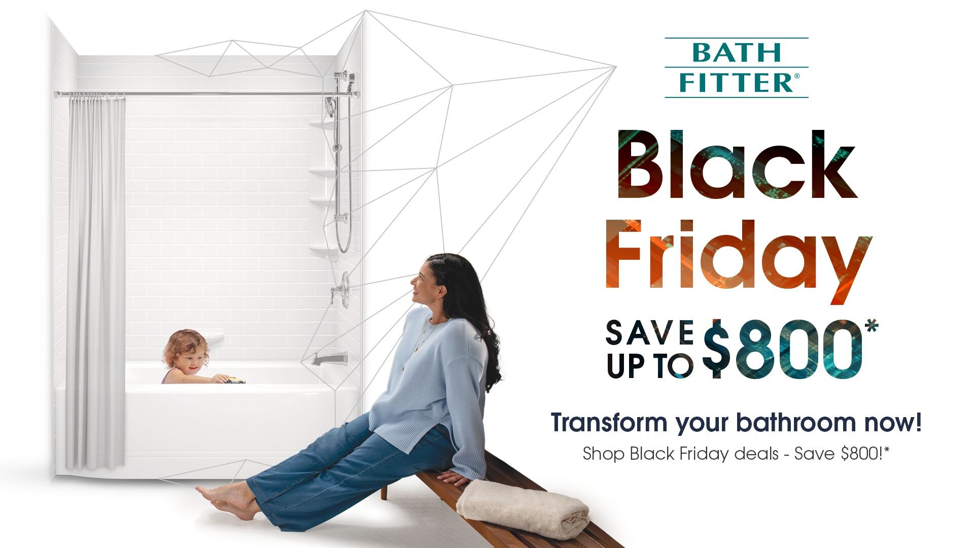 Bathroom remodel including bathtub, gold shower head and finishes, shelves 